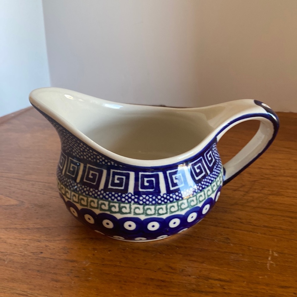 NWT Boleslawiec polish pottery ivory cobalt blue & green accents small pitcher
